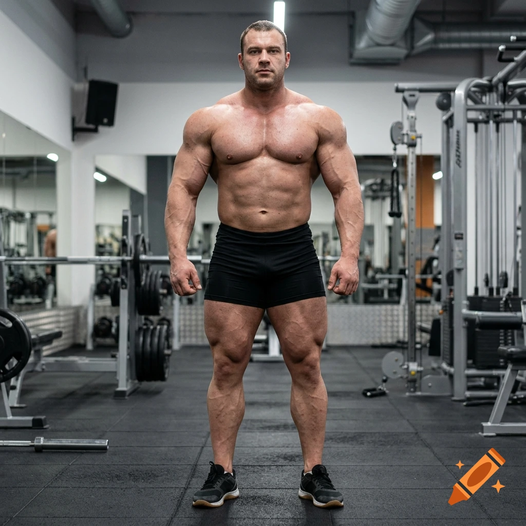 Photorealistic full-body shot of a muscular bodybuilder standing in a gym.