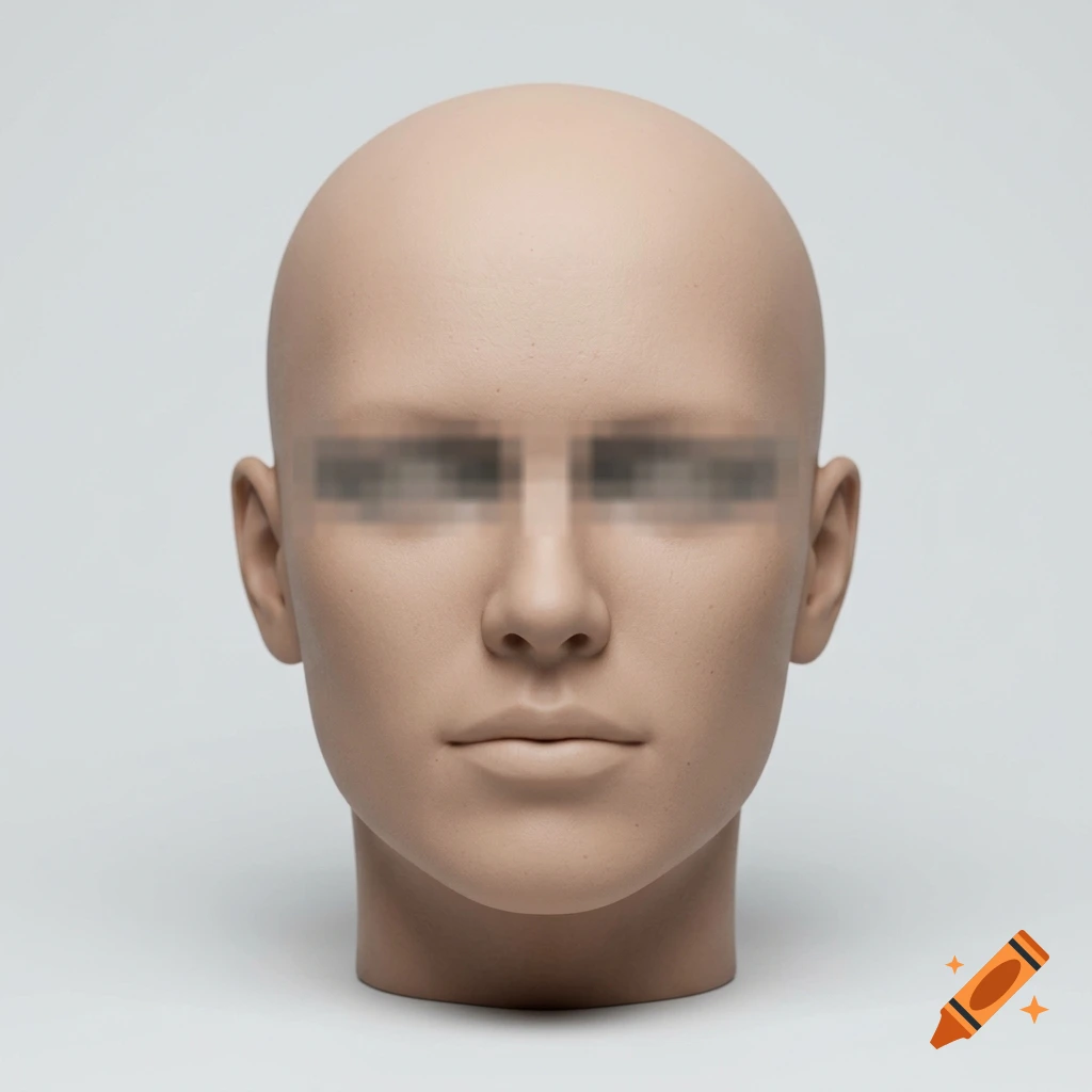 A bald mannequin head centered on a plain grey background with a pixelated blur over the eyes.