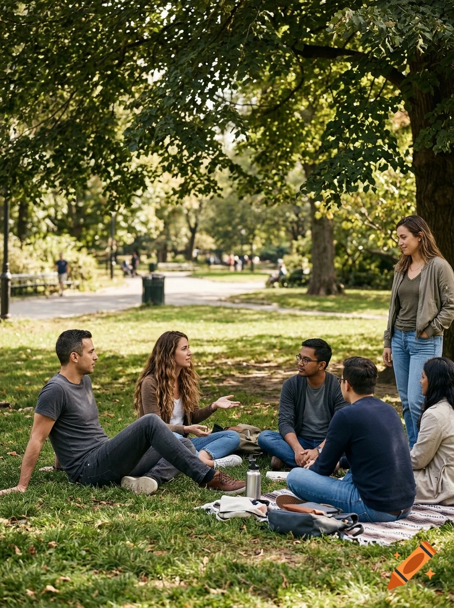 Group of young adults sitting and conversing on the grass in a sunny park under a large tree.