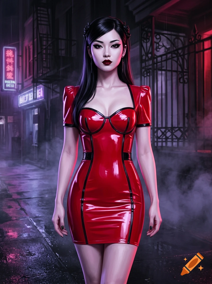 Realistic portrait of a Japanese gothic woman in a shiny red latex dress on a neon-lit city street at night.