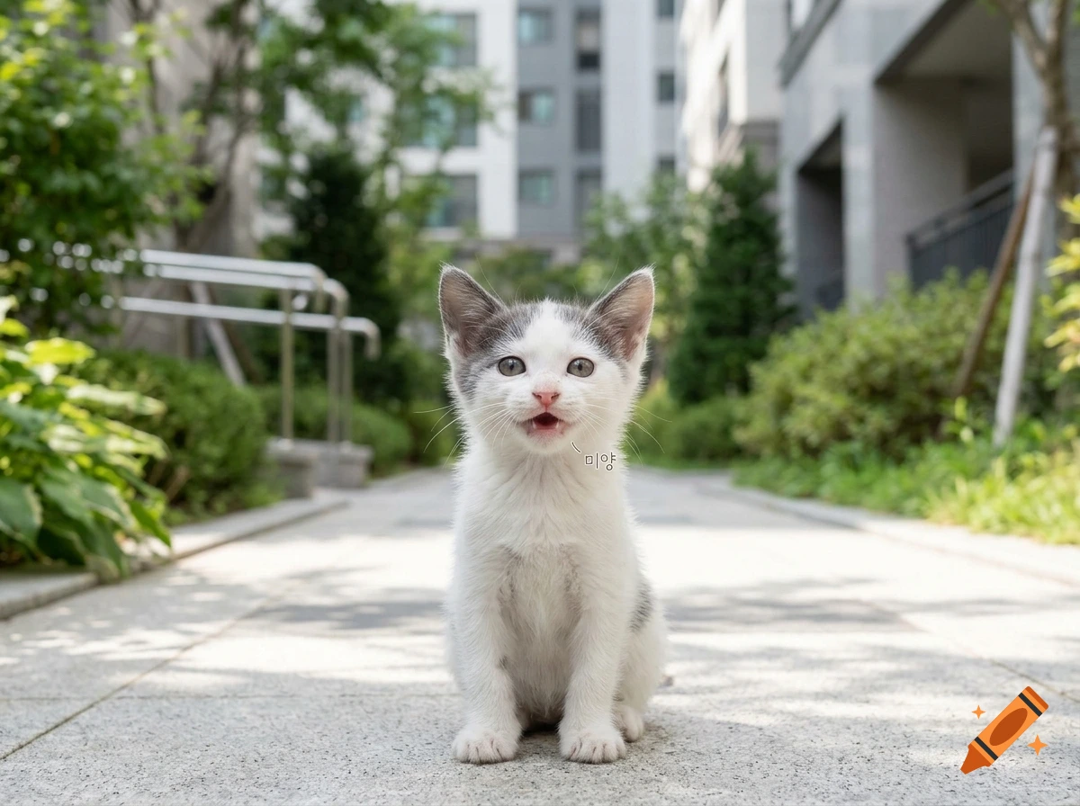 Photorealistic small white and grey kitten sitting on a paved path in an apartment complex, looking up and meowing.