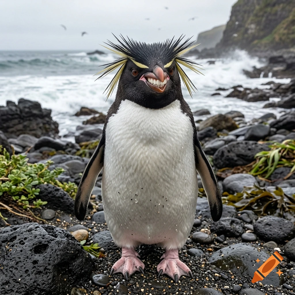 Photorealistic southern crested penguin standing on a rocky beach, smiling with human teeth.