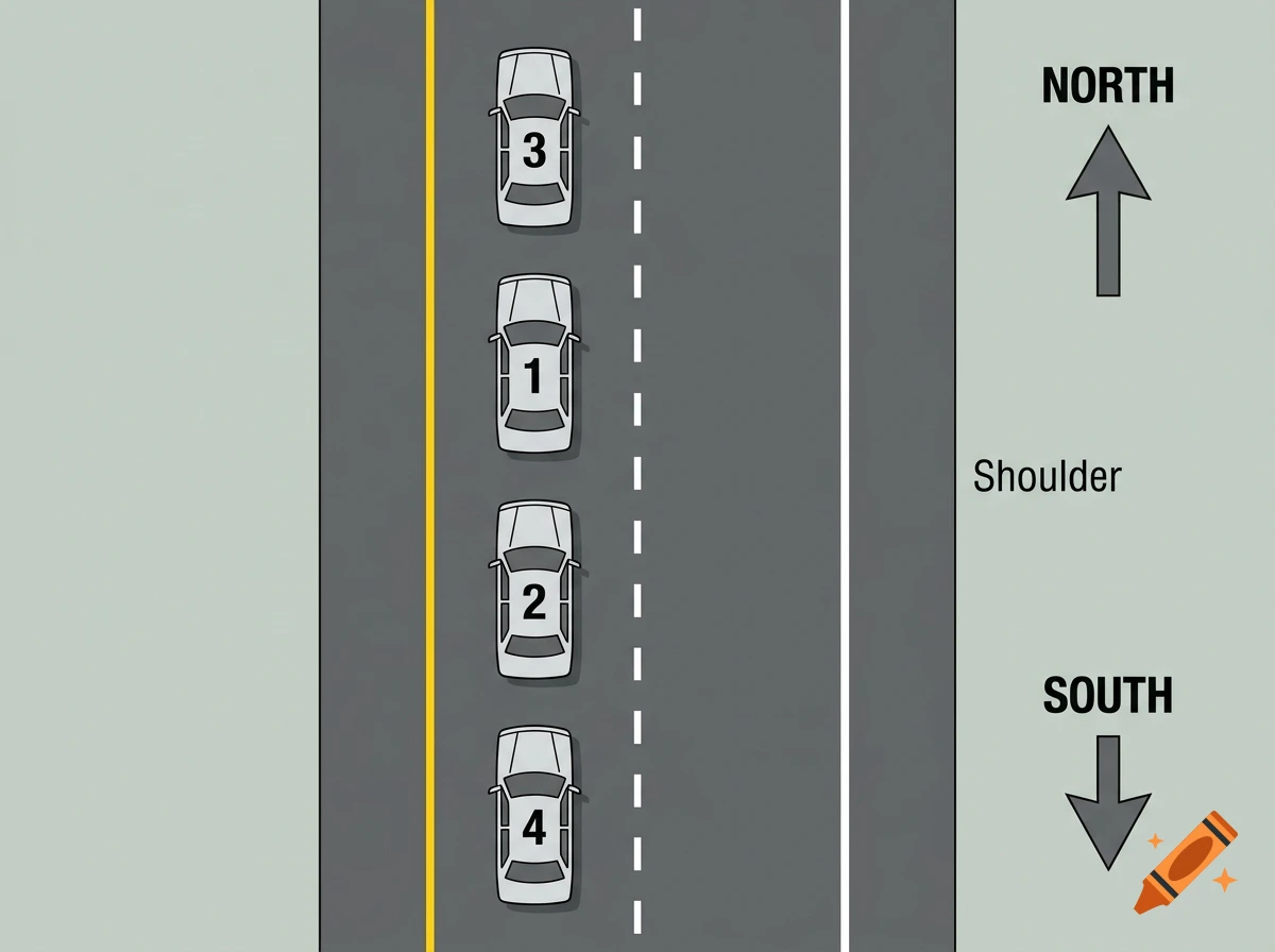 An overhead diagram showing four cars labeled 1, 2, 3, and 4 driving on a multi-lane road with a north-south directional indicator.