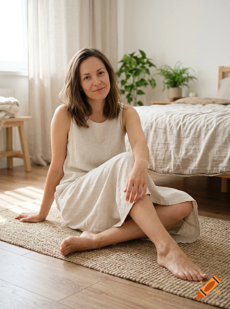 Photorealistic portrait of a smiling young woman in a beige linen dress sitting on a rug in a bright bedroom.