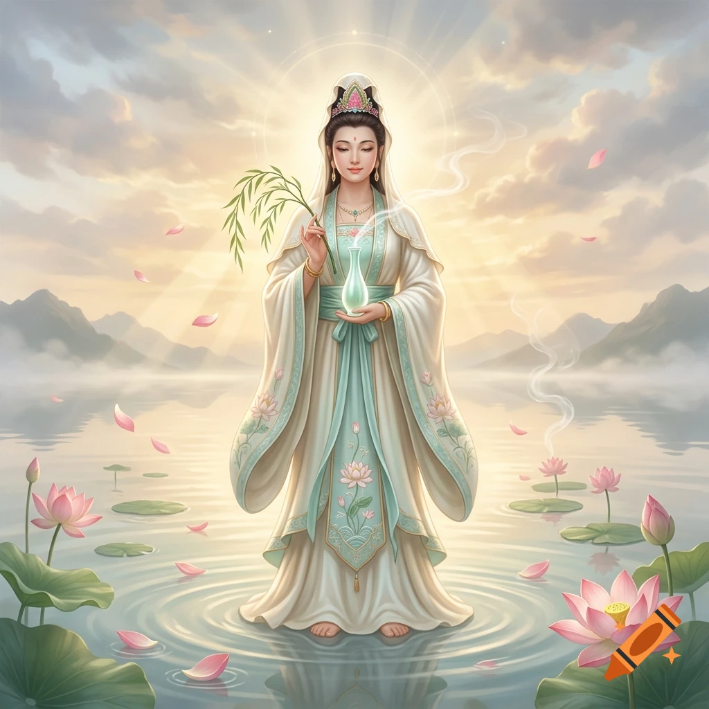 Digital illustration of Quan Yin standing on water surrounded by pink lotus flowers against a serene sky with sunbeams.