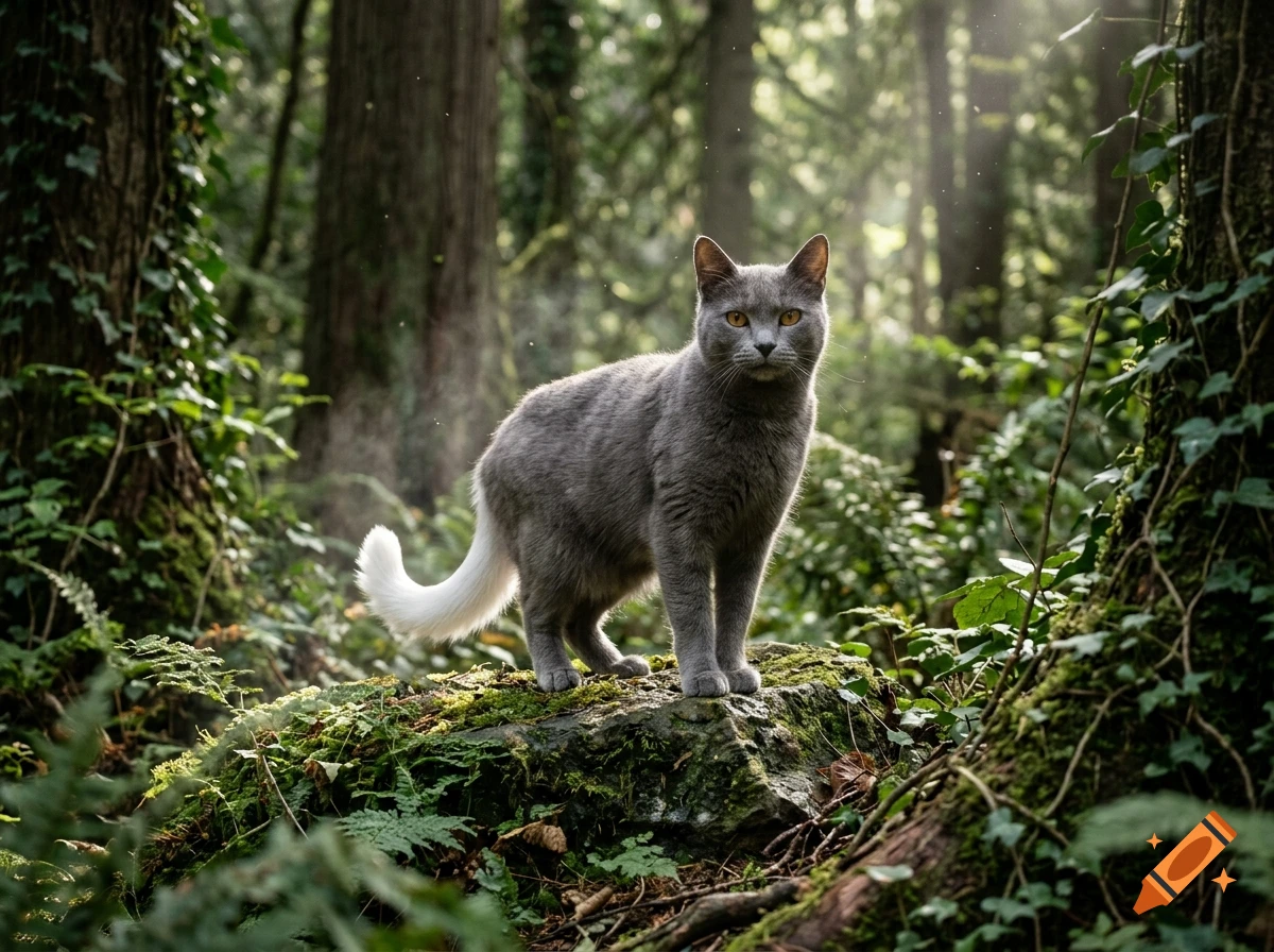 Photorealistic image of a grey cat with a white tail standing on a mossy rock in a lush green forest.