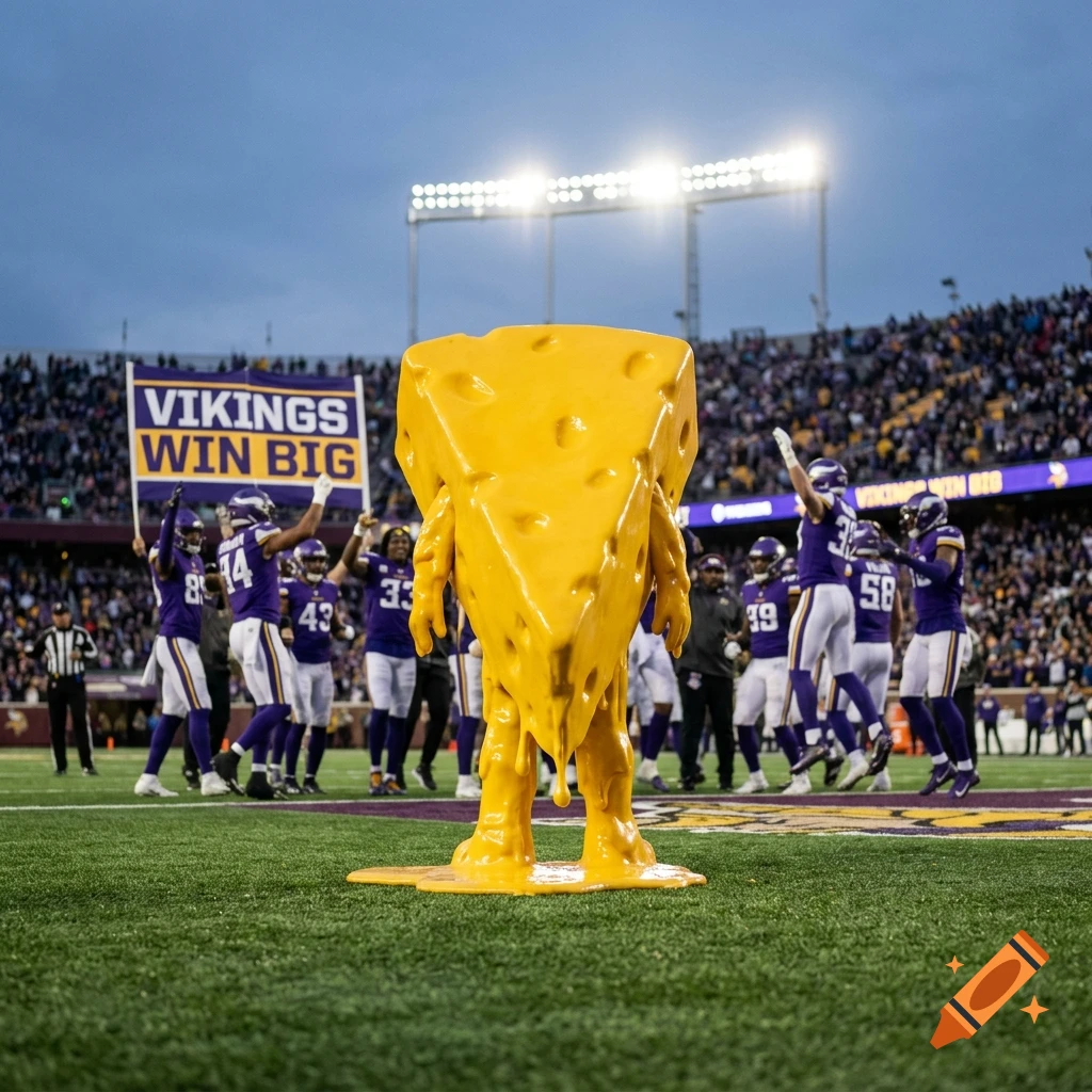 A giant melting cheese head mascot stands on an American football field while Vikings players celebrate in the background.