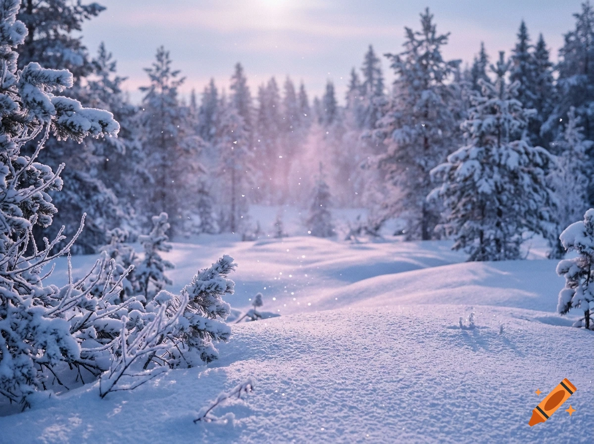 Magical winter forest landscape covered in snow with magical pink and blue sparkles in the air.