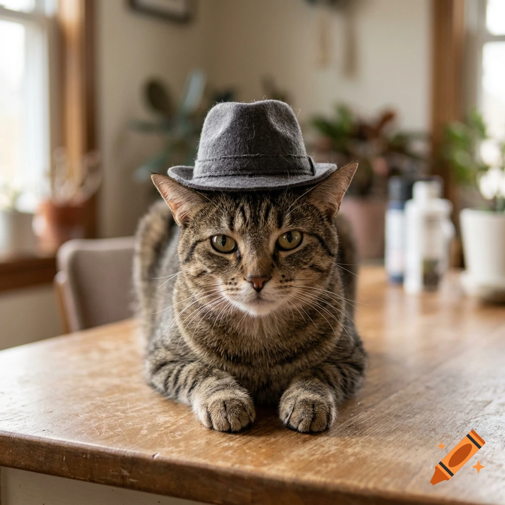 Close-up photorealistic shot of a tabby cat sitting on a wooden table, wearing a small grey fedora hat.
