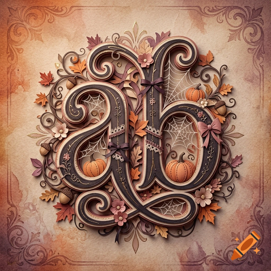 An ornate layered papercraft monogram featuring the letters 'ab' surrounded by autumn leaves, pumpkins, cobwebs, acorns, and small flowers in shades of brown, orange, and pink.