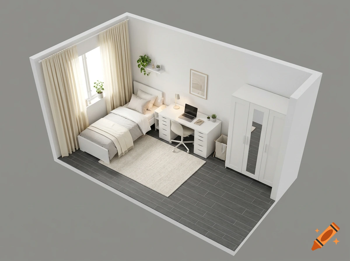 An isometric 3D render of a modern minimalist bedroom with a bed, desk, and wardrobe.