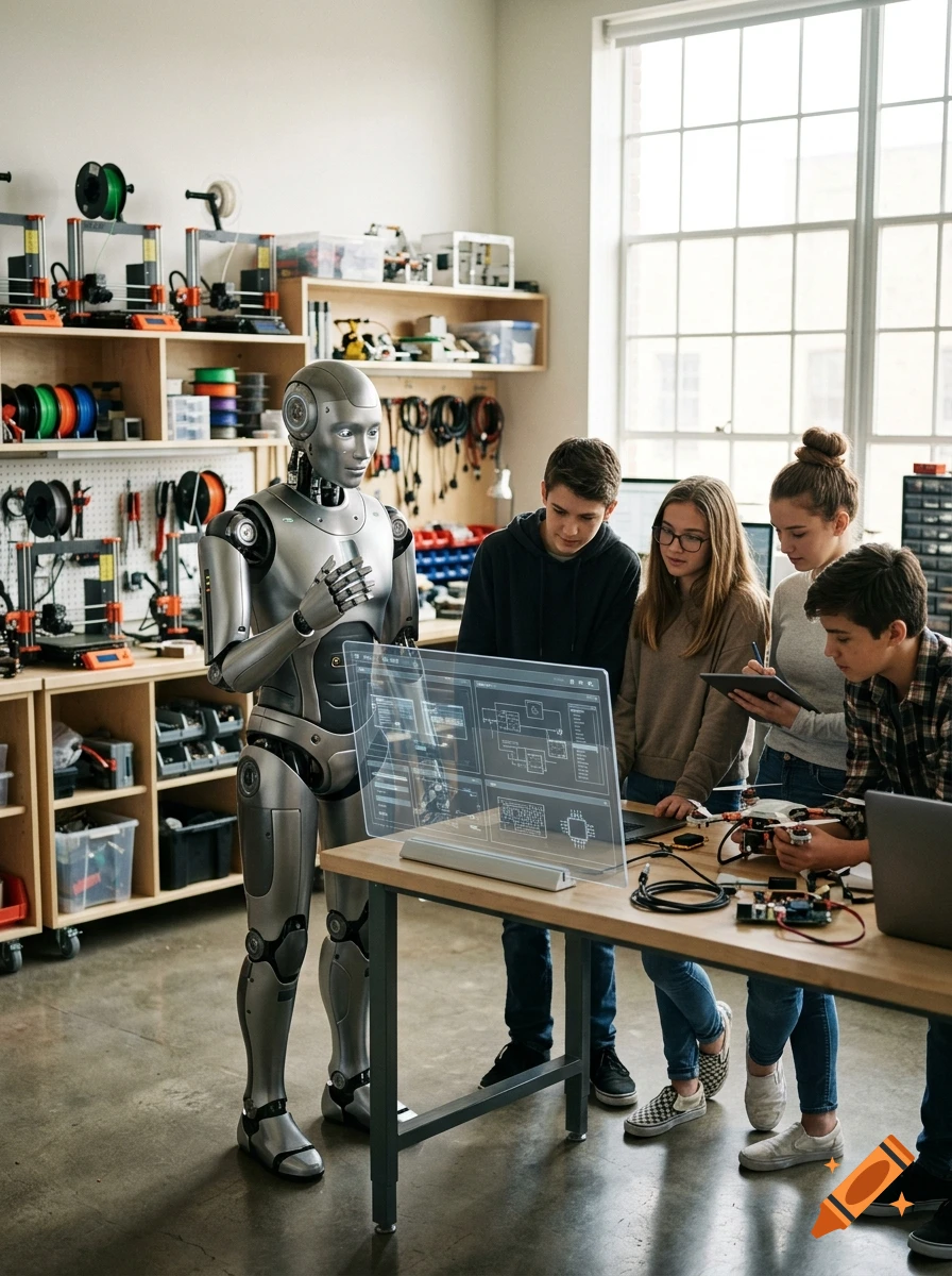 A photorealistic image of a humanoid robot presenting technology on a transparent screen to a group of teenagers in a workshop.
