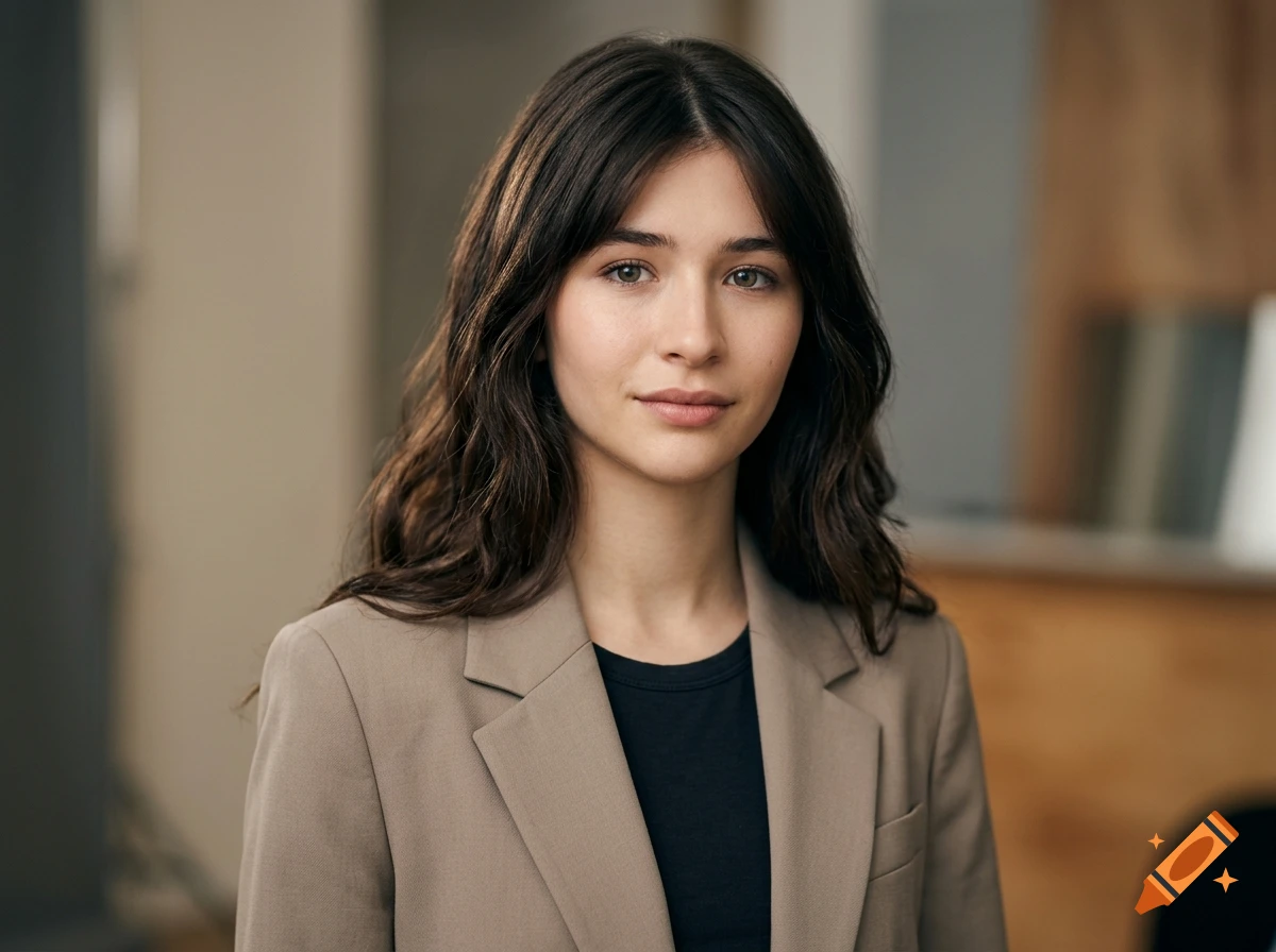 Photorealistic portrait of a young woman with dark hair and bangs, wearing a beige blazer over a black top.