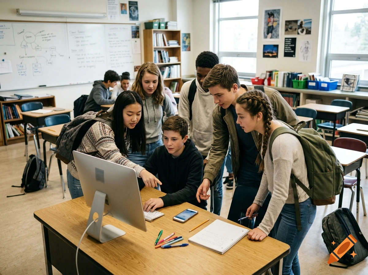 A group of diverse teenagers gathered around a desk in a classroom, looking at a desktop computer monitor and smartphone.