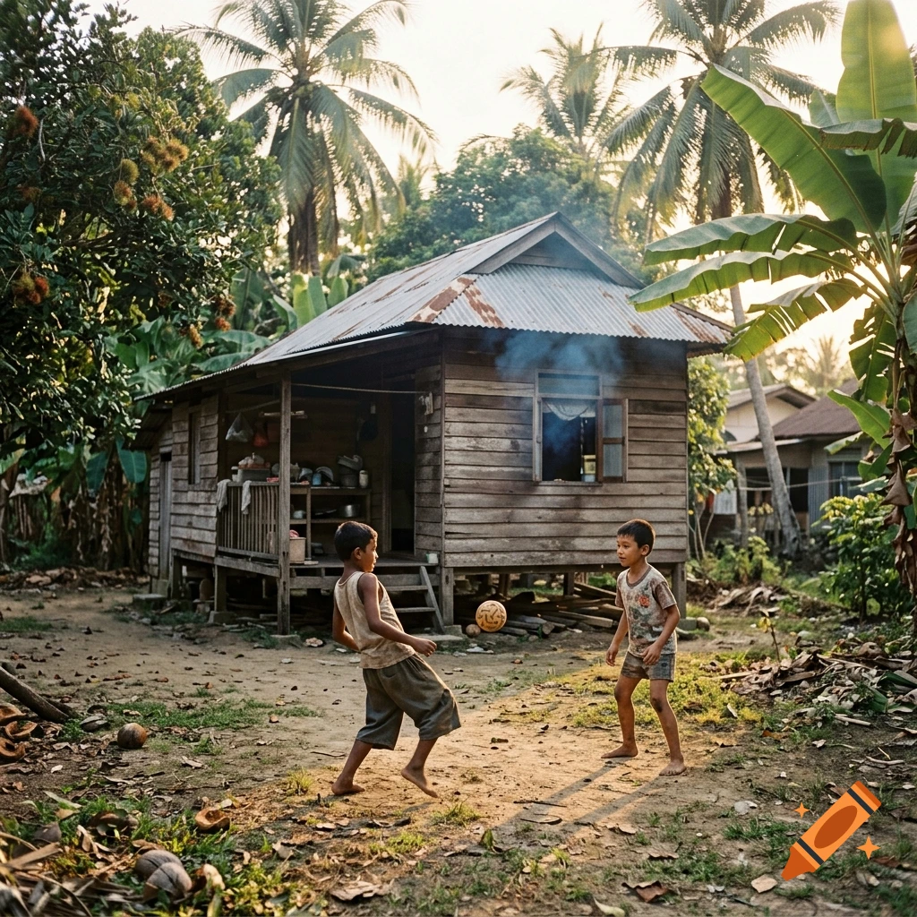 Two young boys playing with a rattan ball in the dirt yard of a rustic wooden kampung house during sunset.