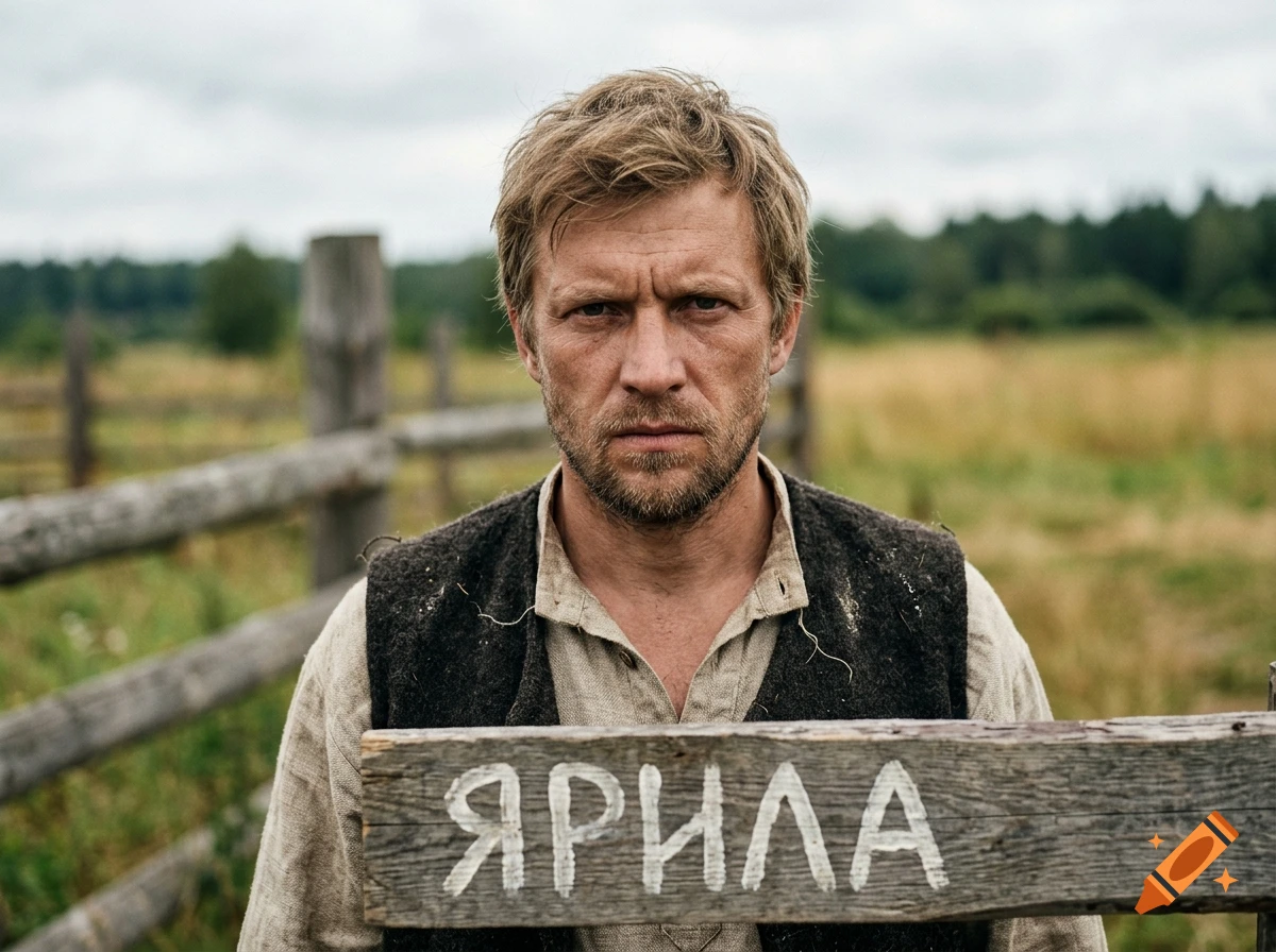 Close-up photorealistic portrait of a serious man with a wooden sign reading 'ЯРИЛА' in a rural landscape.