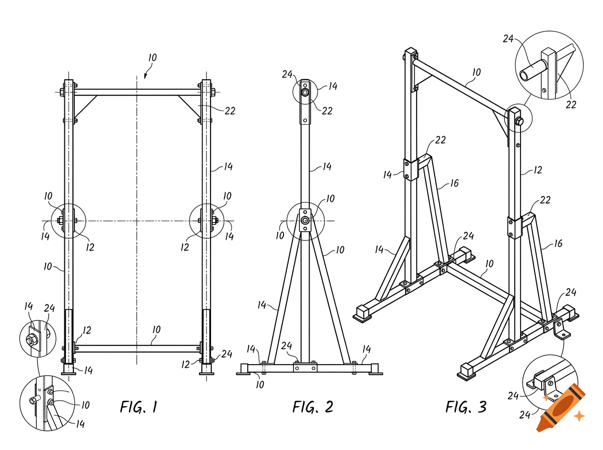 Patent style technical diagram of a fitness pull-up bar frame structure with orthogonal and isometric views.