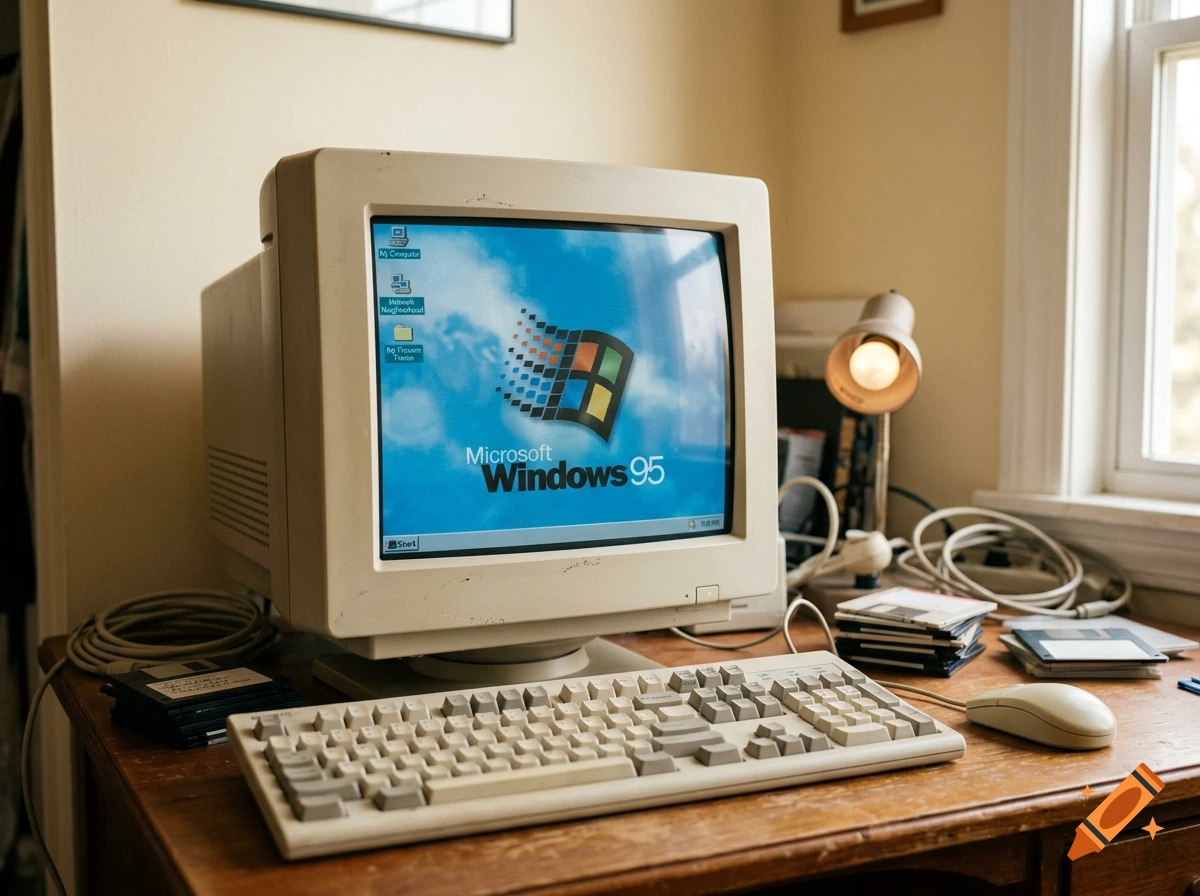 A vintage desktop computer displaying the Windows 95 desktop on a wooden desk with a keyboard, mouse, and floppy disks.