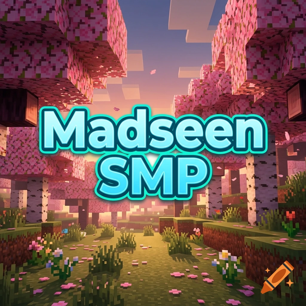 Digital illustration of a Minecraft cherry blossom biome with the blue text 'Madseen SMP' in the center.