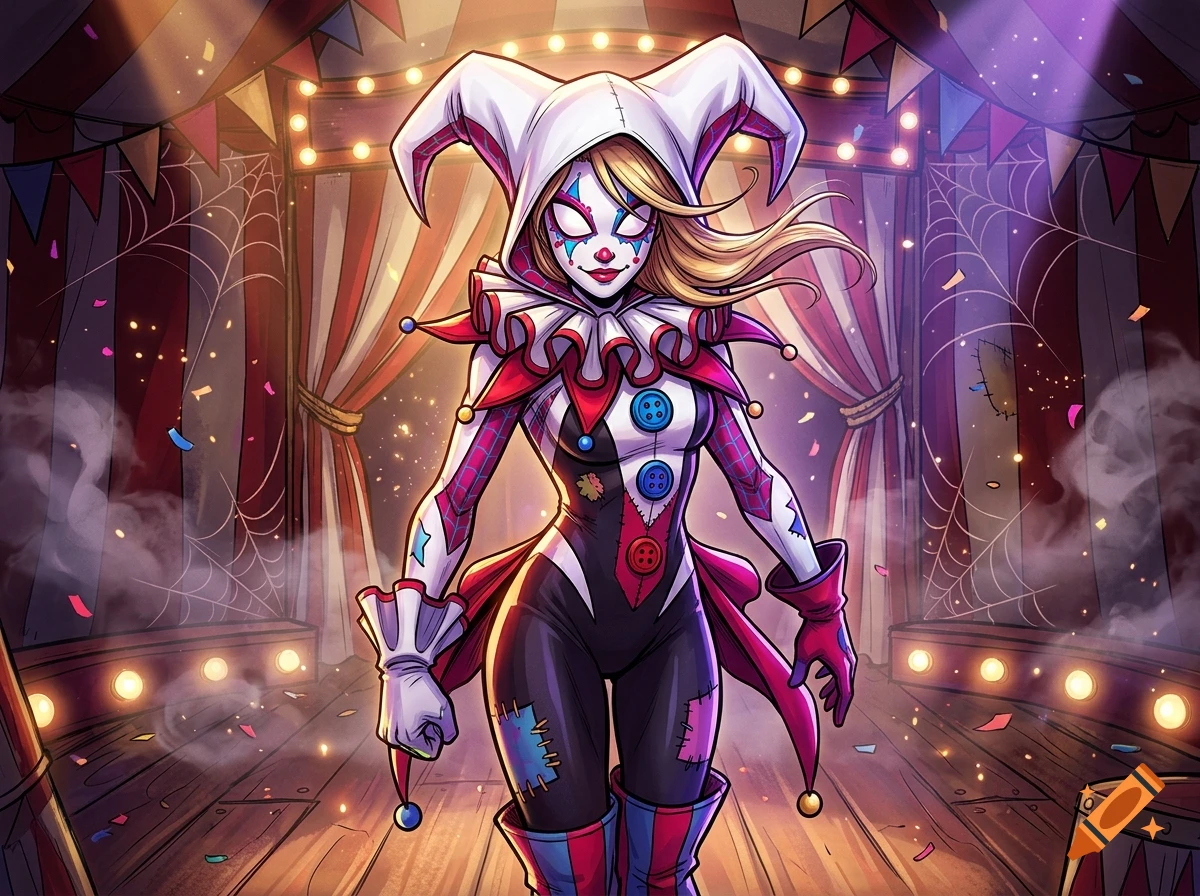 Spider-Gwen styled as a clown in a circus tent, vibrant comic book illustration.