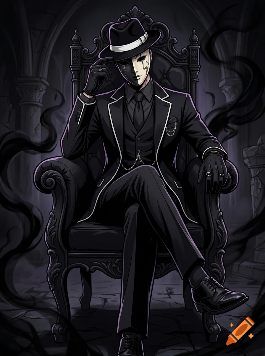 An illustrated gothic mafia don with a half-black and half-ivory mask, wearing a black fedora and suit, sitting on an ornate dark throne.