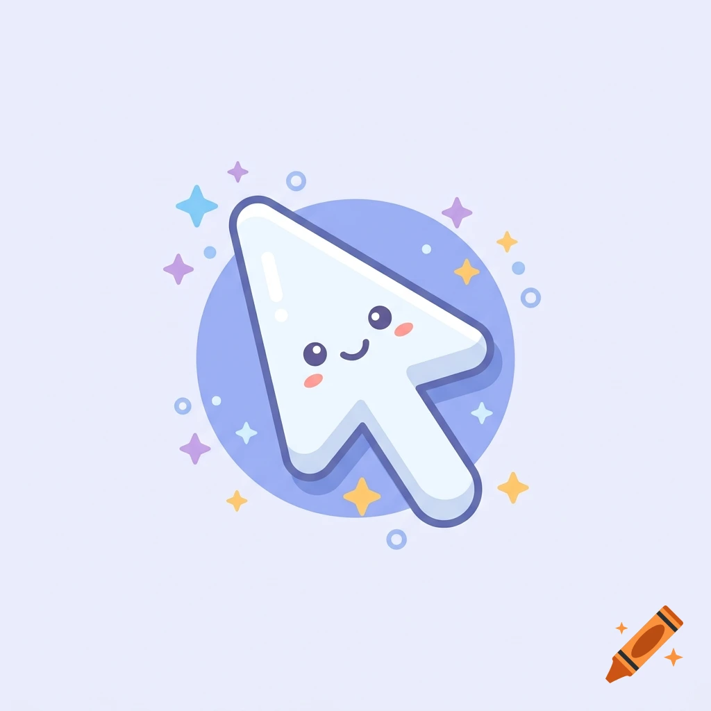 Cute digital cursor icon with a smiling face, surrounded by stars and circles, in a pastel illustration style.
