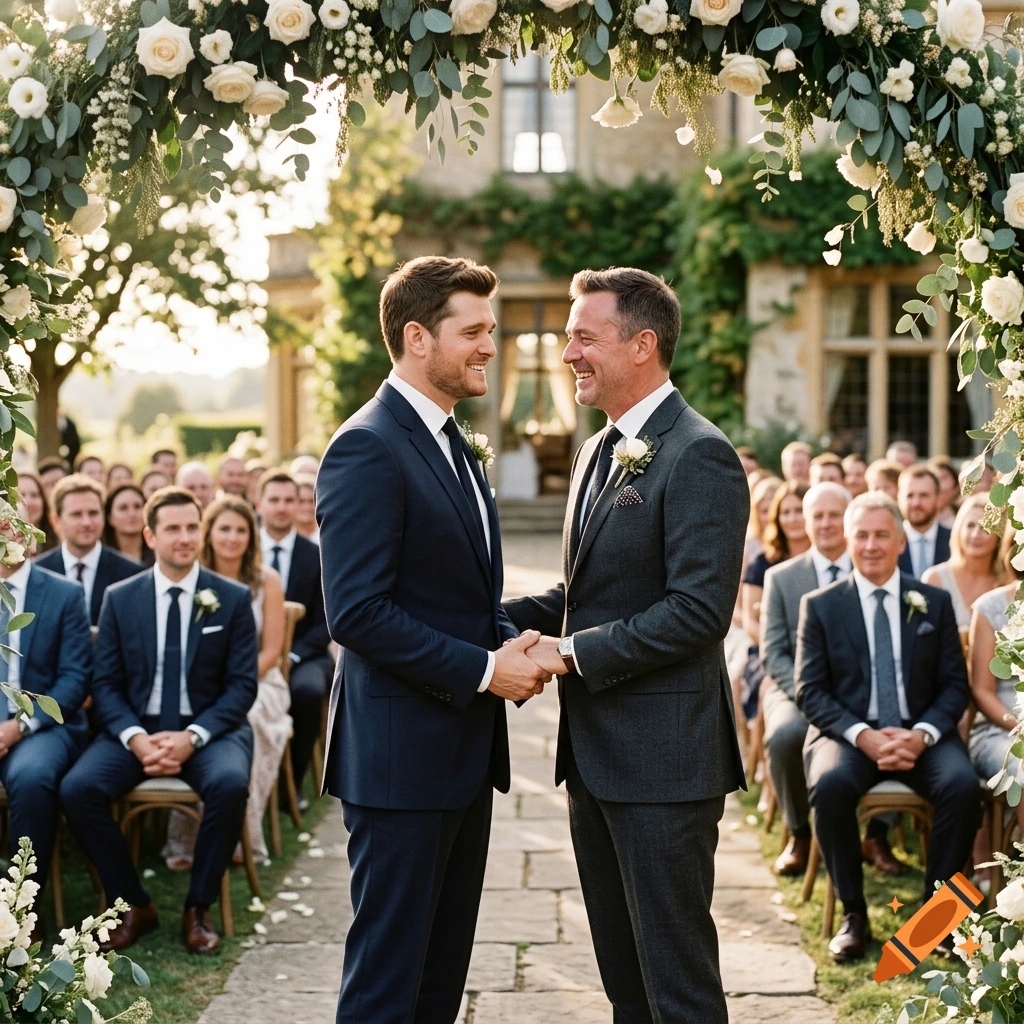 Photorealistic image of two men in suits smiling and holding hands at an outdoor wedding ceremony under a floral arch.