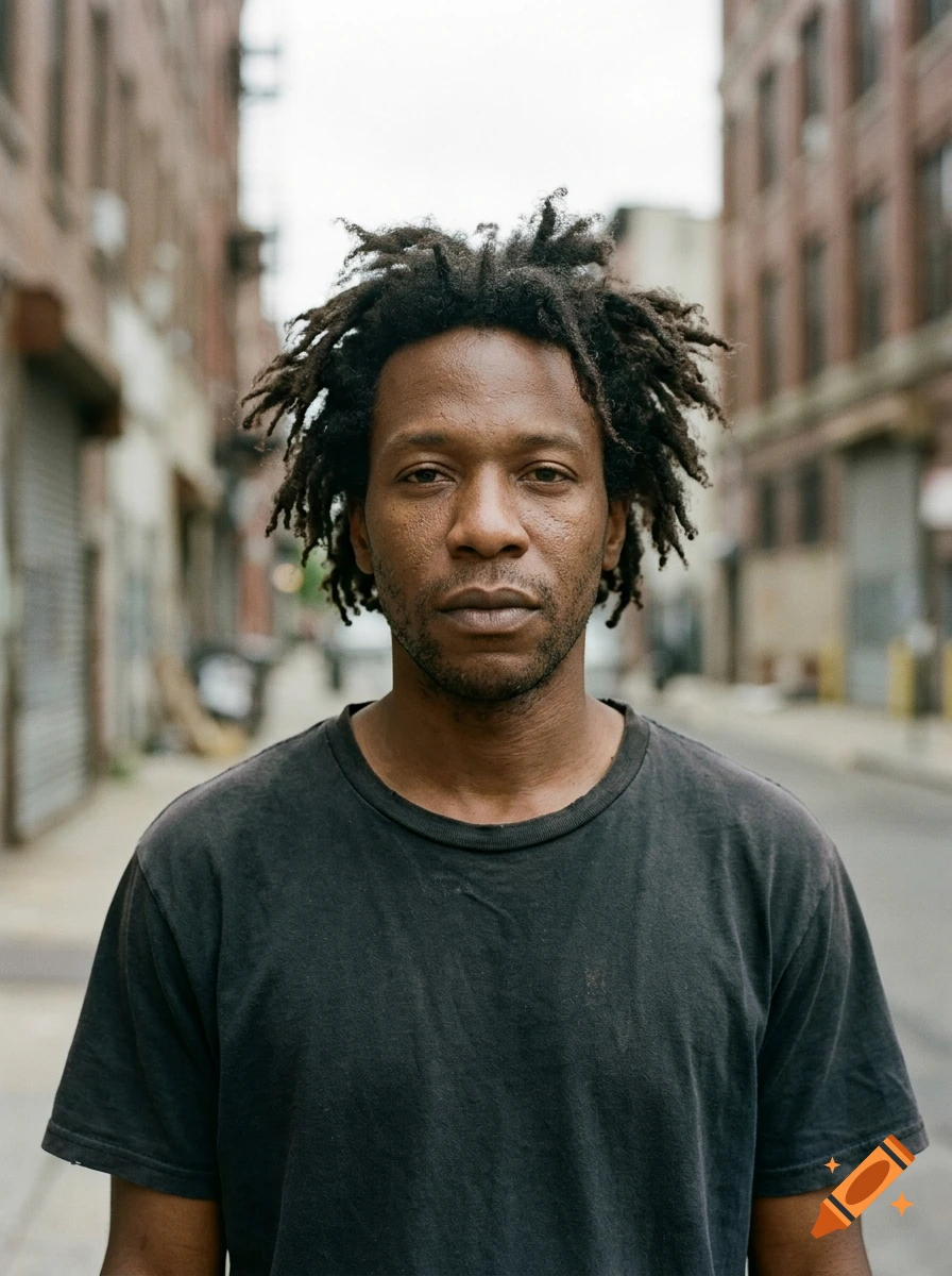 Photorealistic portrait of a Black man with dreadlocks standing in an urban alleyway.