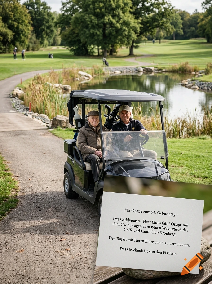 Photorealistic image of two men in a golf cart on a golf course path, with a birthday card overlay in the foreground.
