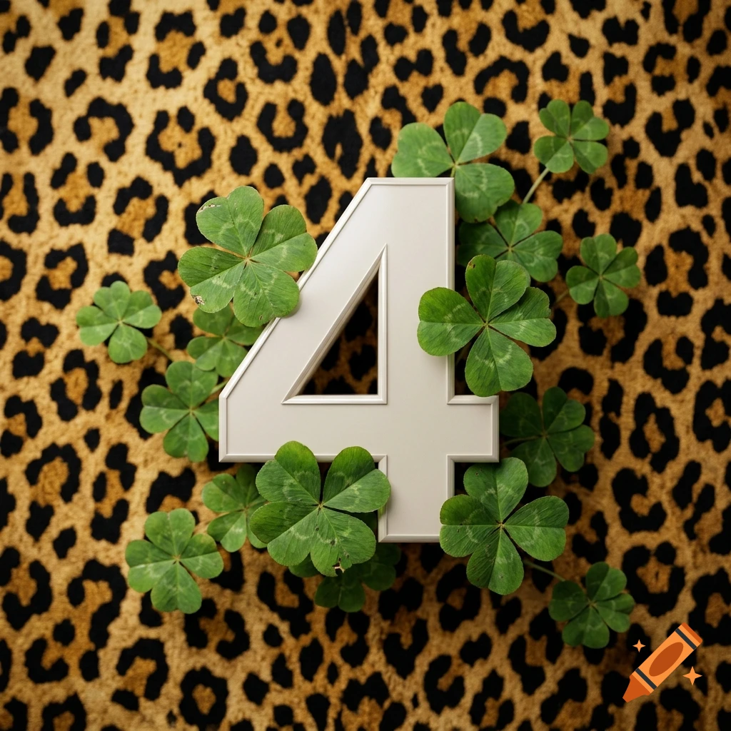 A white three-dimensional number 4 surrounded by green four-leaf clovers on a leopard print background.