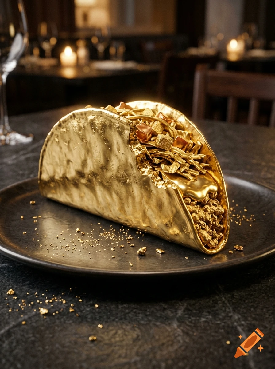 A photorealistic image of a taco made entirely of gold, resting on a black plate in a dimly lit restaurant.