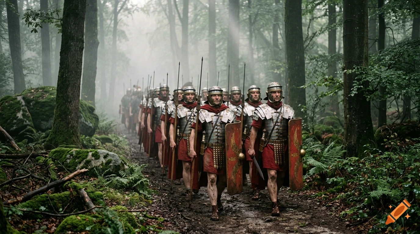 Photorealistic image of a Roman legion marching through a foggy forest.