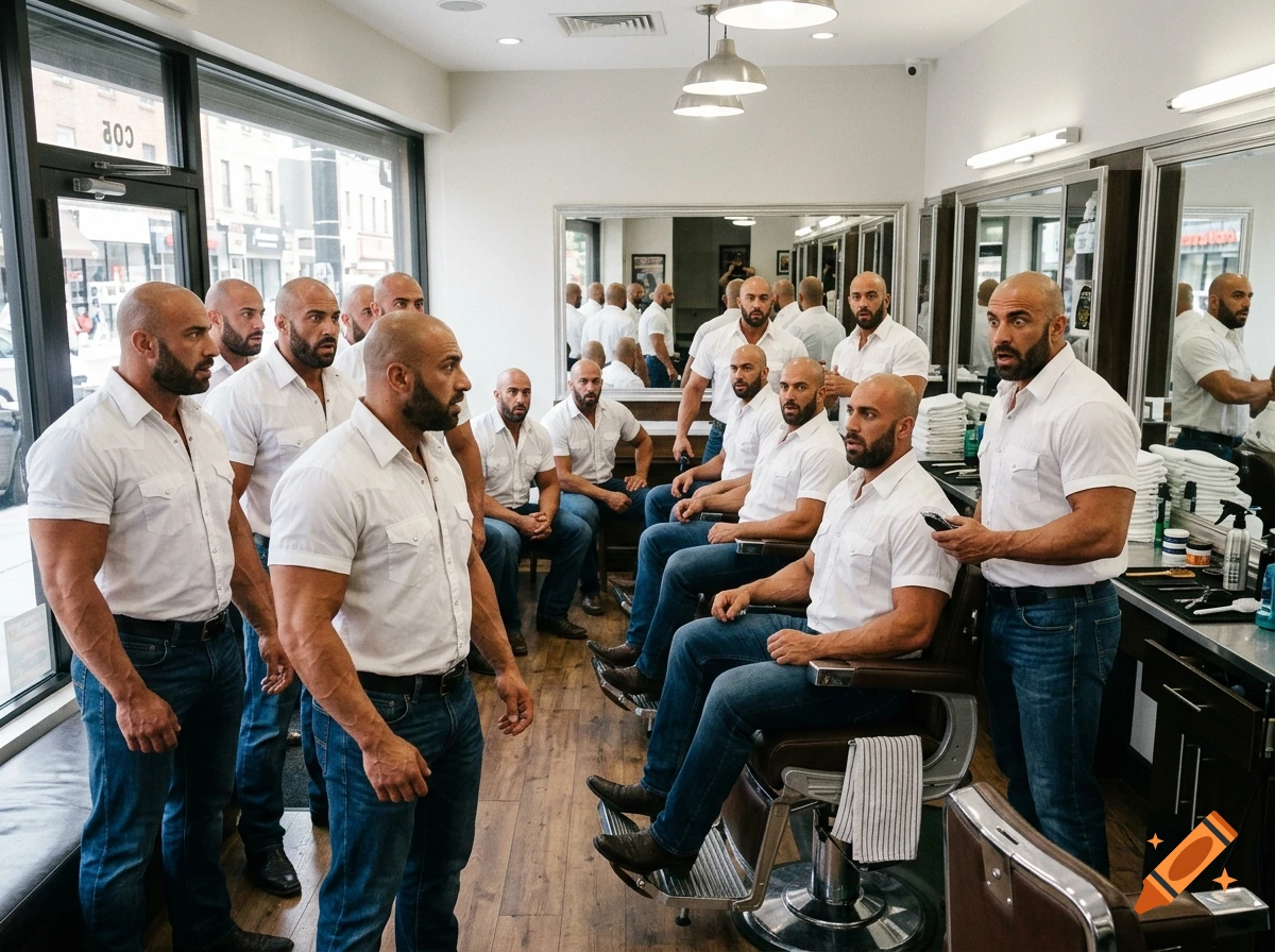 A barbershop filled with multiple identical muscular bald men with beards looking surprised.