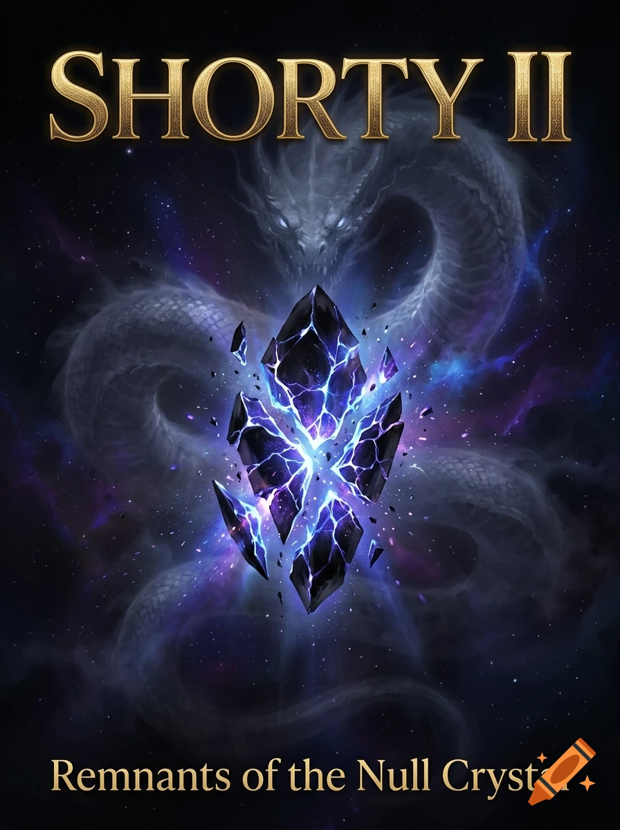An epic fantasy book cover featuring a glowing cracked dark crystal floating before a ghostly cosmic serpent in space.