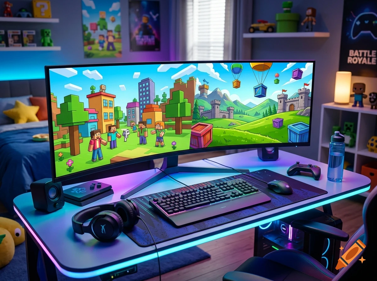 Modern gaming setup with a curved ultrawide monitor displaying a colorful digital landscape, keyboard, mouse, and RGB lighting.