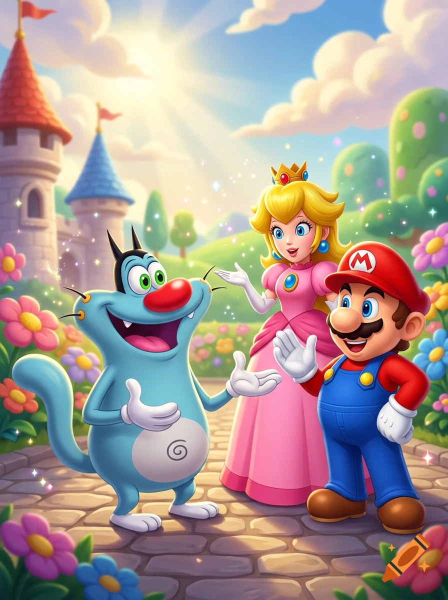 Oggy the blue cat, Mario, and Princess Peach standing together on a stone path in a sunny fantasy castle garden, digital illustration style.