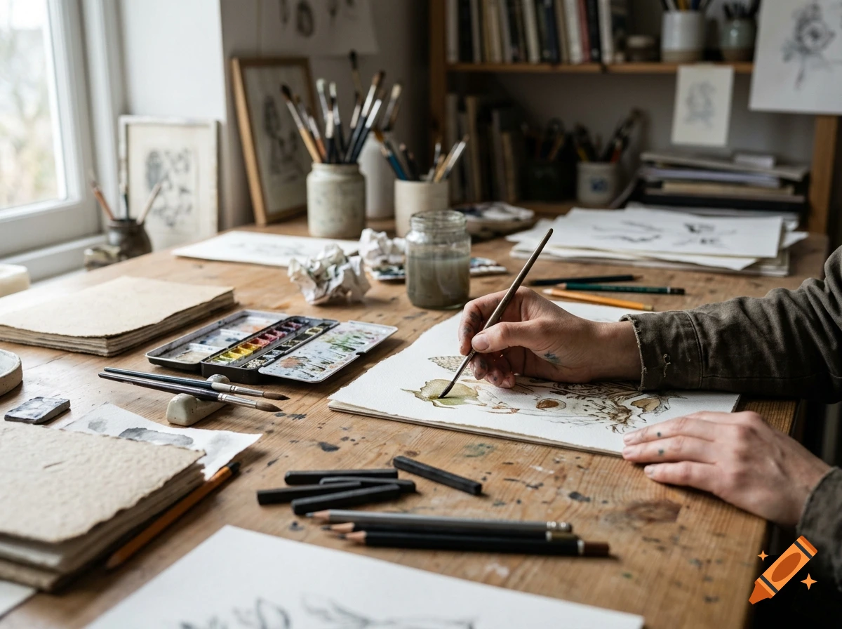 Close-up of an artist's hands painting with a brush on a wooden table filled with art supplies and sketches.
