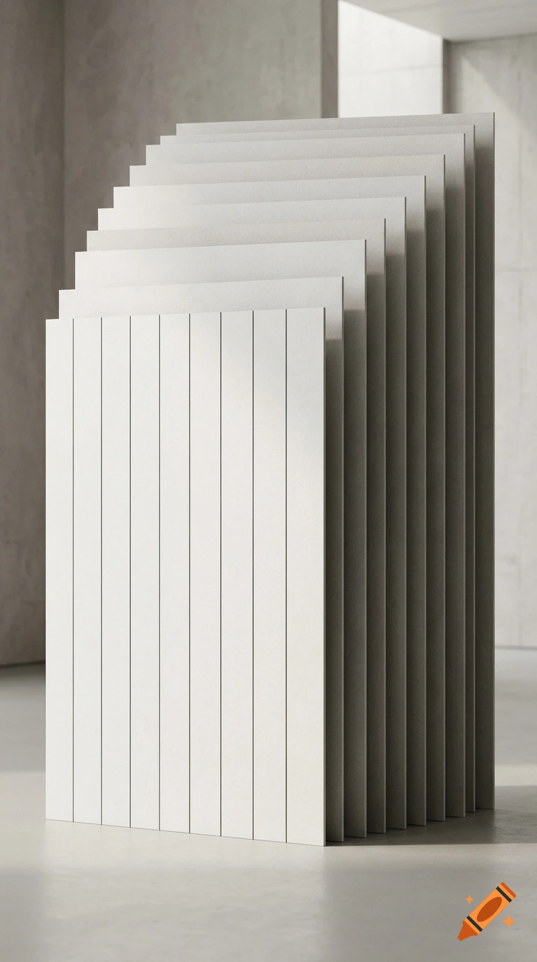 Photorealistic image of a stack of vertical panels with grooved textures in a minimalist interior.