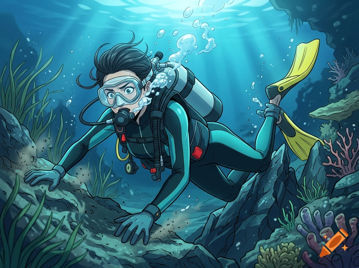 Anime style illustration of a female scuba diver struggling underwater with her fin stuck in rocks.