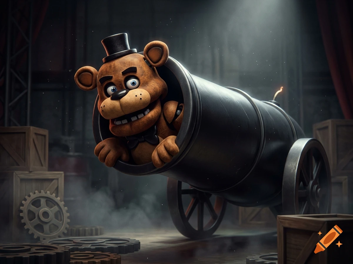 Freddy Fazbear character peeking out from inside a large black cannon in a dark workshop setting.