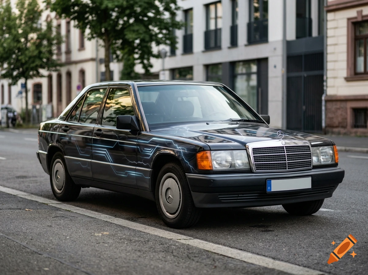 A vintage dark Mercedes-Benz sedan parked on a city street, featuring custom blue circuit-board graphics along its side.