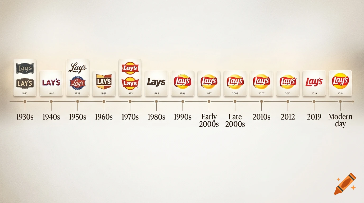 A timeline of Lay's potato chip logos from 1930 to modern day on a neutral gradient background.