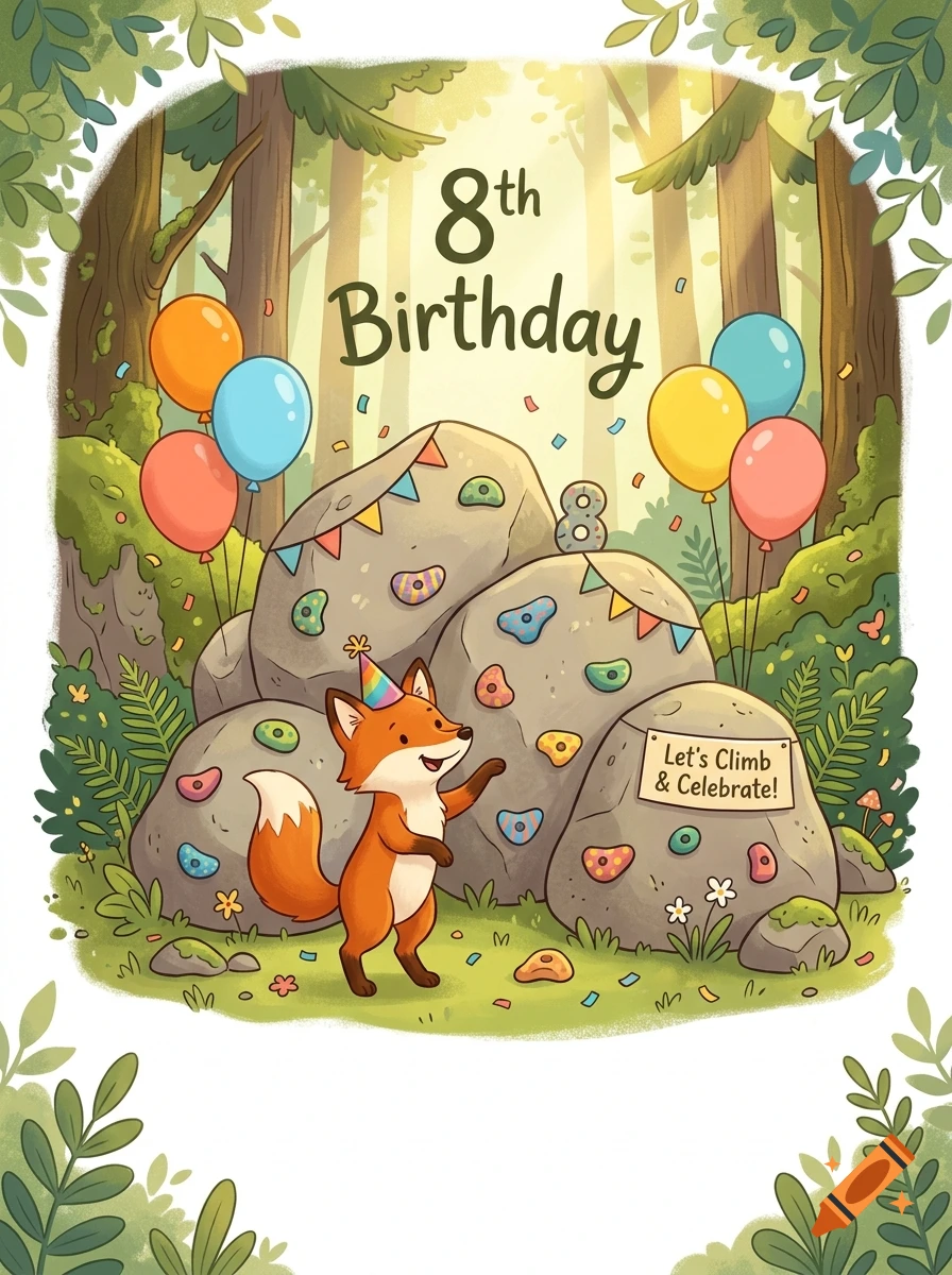 Digital illustration of a cheerful cartoon fox wearing a party hat among boulders, balloons, and forest trees with '8th Birthday' text.