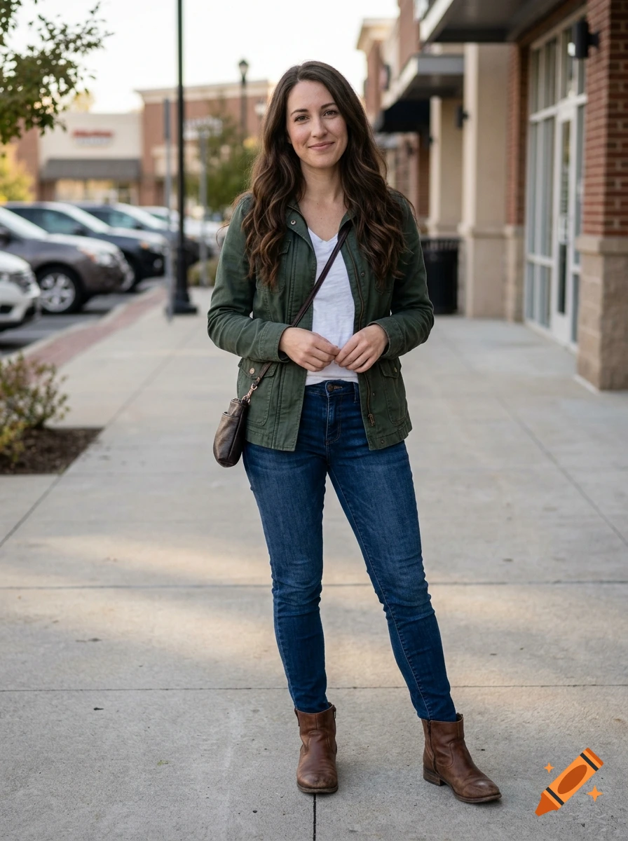 Full-length photorealistic portrait of a woman standing on a city sidewalk wearing a green jacket, jeans, and brown boots.
