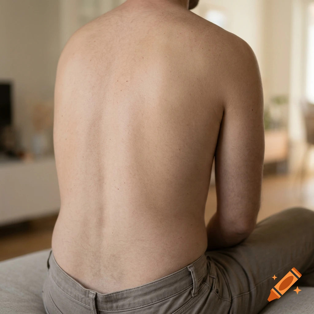 Close-up of a shirtless person's back while sitting down.