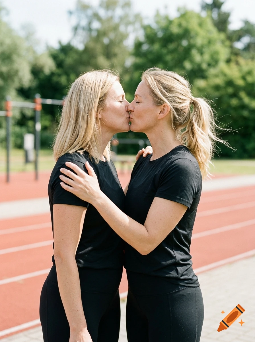 Two blonde women in black athletic wear kissing on an outdoor running track.