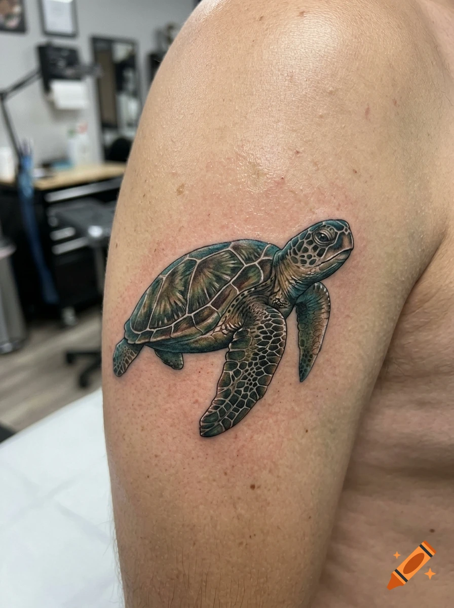 A detailed color tattoo of a sea turtle on a person's upper arm.
