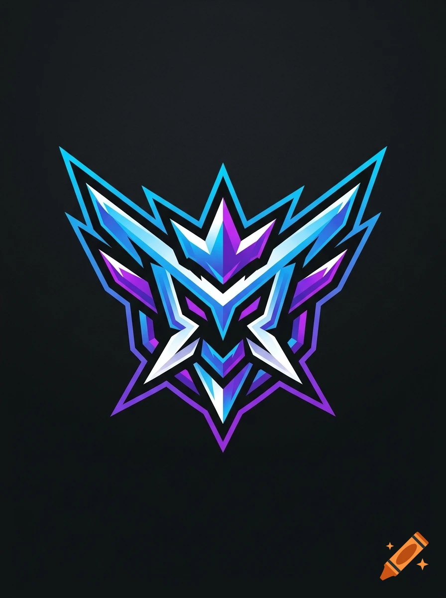 Symmetrical gaming logo with sharp geometric armor and crown shapes in blue and purple, on a dark background.
