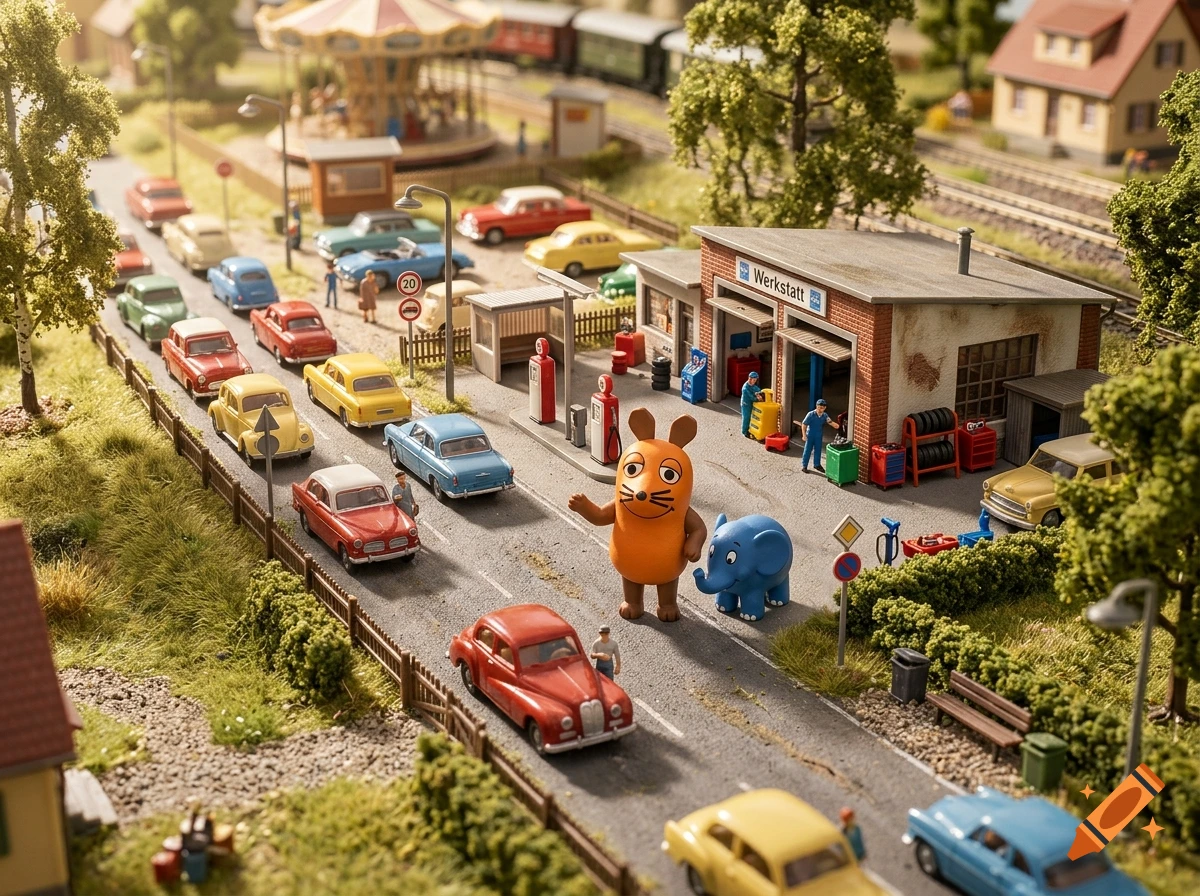 An intricate model railway layout featuring a bustling miniature town with vintage cars, a workshop, and tiny cartoon figures like a mouse and elephant.