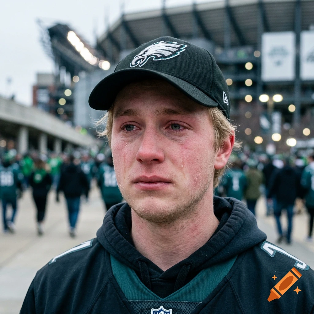 Photorealistic close-up of a crying young blonde man wearing a Philadelphia Eagles cap and jersey outside a stadium.